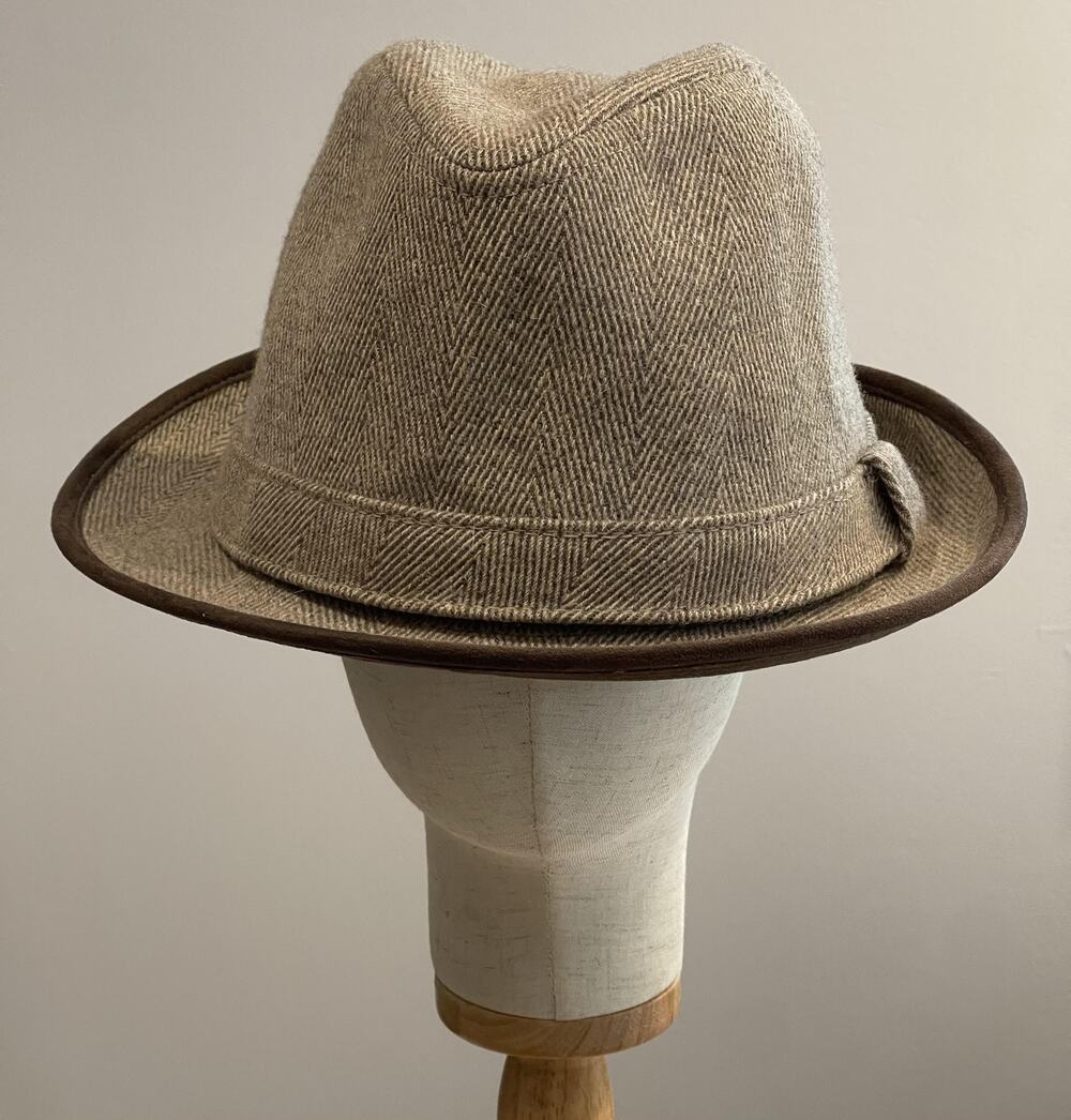 VTG Impermeable Weatherproof Hat Cap Trilby Mens XL Beige Herringbone Wool Lined